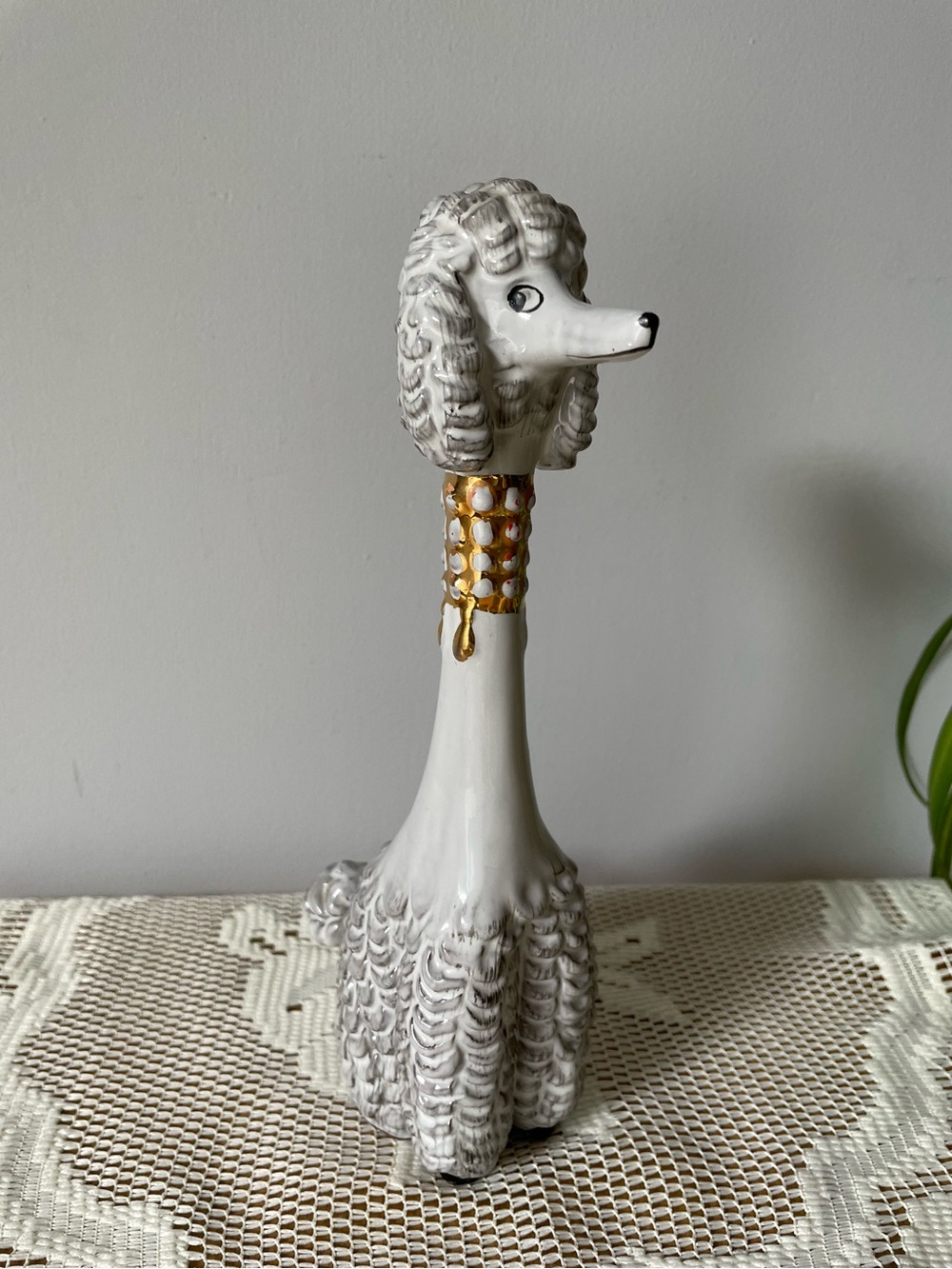 Vintage Long Neck Poodle Clay Redware Figurine Statue with Gold Collar